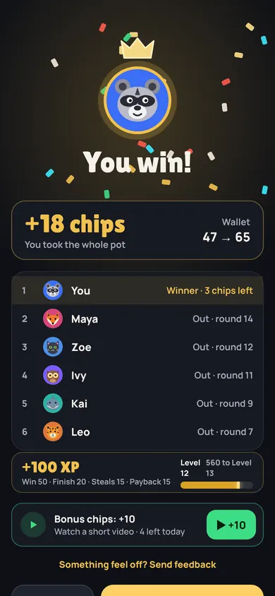 The results screen after a win